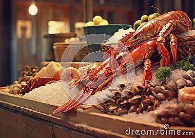 Lobsters with mussels,salmon and shrimps on seafood fish street market.Macro.AI Generative Stock Photo