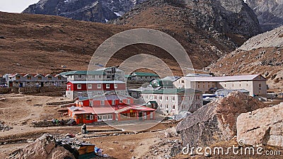 View of small Sherpa village Lobuche (altitude 4,940m, mainly lodges), one of the lasts stops before Mount Everest BC. Editorial Stock Photo