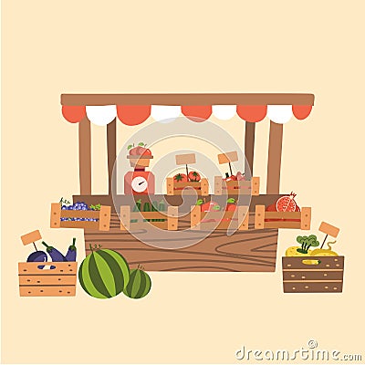 Local Autumn Products at Farmers Market. Organic Fruits, Vegetables at wooden market stall. Counter with scales. Flat vector Vector Illustration