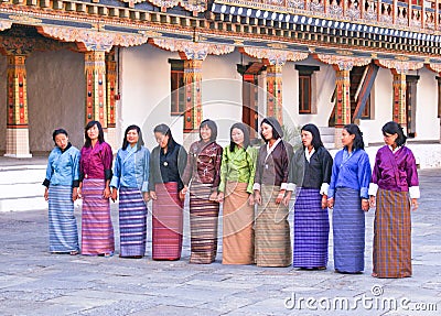 Local Bhutanese girls rehearsing a dance sequence for an upcoming festival. Editorial Stock Photo