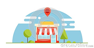 Local business optimization banner. The shop is profitable. Horizontal background with trees and mountains Vector Illustration