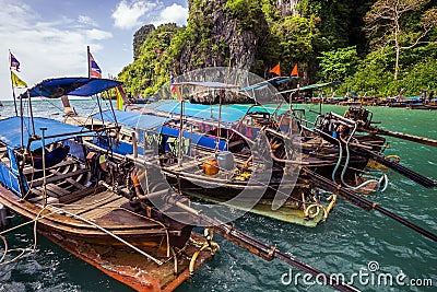 Longtail boats in Thailand. Engine details. Editorial Stock Photo