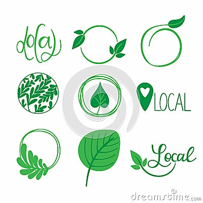 Local eco labels. Oganic green circle frames with leaves and branches, bio products stamps, ecology friendly emblem set support Vector Illustration