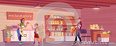 Local eco store with customer, vendor and porter Vector Illustration
