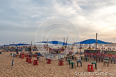 Local enterpreneurs selling eatables at marina beach and arranged seats for their customers Editorial Stock Photo