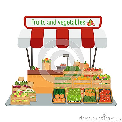 Local farm fruits and vegetables market. Cartoon Illustration