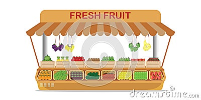 Local farm market fruit shop with fresh fruit in wooden box . Vector Illustration