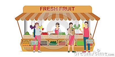 Local farm market fruit shop with fruit seller. Vector Illustration