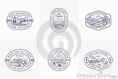 Local Farm Outdoor Products Retro Logo Templates Set. Hand Drawn Landscape Sketches with Typography and Borders Emblems Vector Illustration