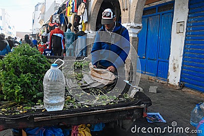 A local farmer sells produce in Essaouira, Morocco. Editorial Stock Photo