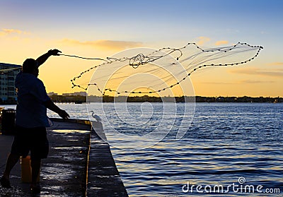 Local fisherman throws net to catch minnows. Stock Photo