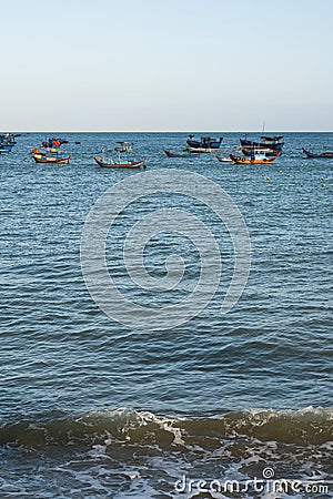 Local fishing boats on sea. Vintage colourful boats with fishing nets Editorial Stock Photo