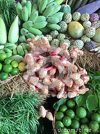 Local fruits and vegetables displayed at market Stock Photo