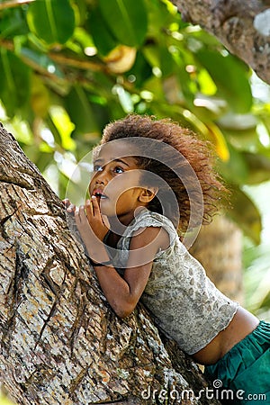 Local girl sitting on a palm tree in Lavena village, Taveuni Isl Editorial Stock Photo