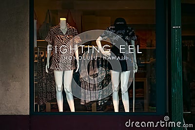 Local Hawaiian designer clothing label Fighting Eel boutique in Downtown. Resort luxury brand also encompasses Ava Sky. Editorial Stock Photo