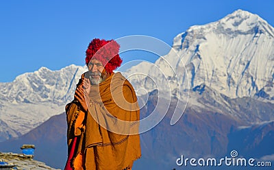 Local man on mountain in Khopra Village, Nepal Editorial Stock Photo