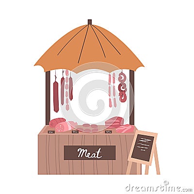 Local market on city street, stall of shop with fresh farmer meat production. Vector Illustration