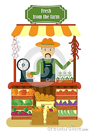 Local market farmer selling vegetables produce Vector Illustration