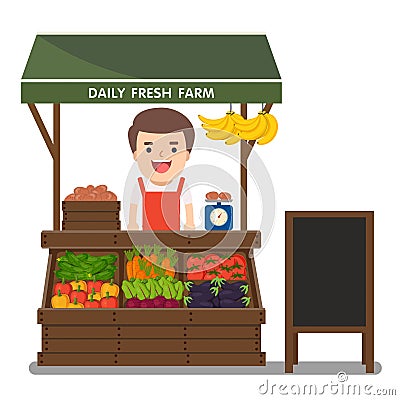 Local market farmer selling vegetables produce. Vector Illustration