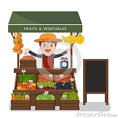 Local market farmer selling vegetables produce. Vector Illustration