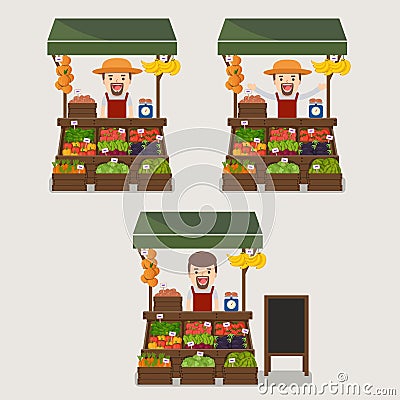 Local market farmer selling vegetables produce. Vector Illustration