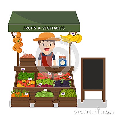 Local market farmer selling vegetables produce. Vector Illustration