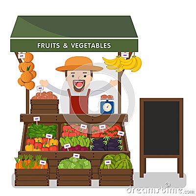 Local market farmer selling vegetables produce. Vector Illustration