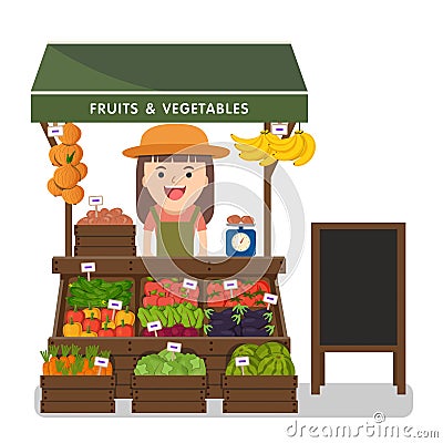 Local market farmer selling vegetables produce. Vector Illustration