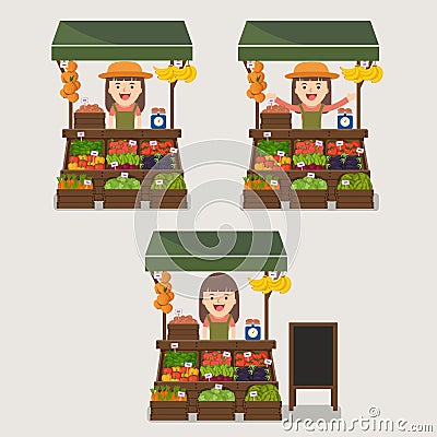 Local market farmer selling vegetables produce. Vector Illustration