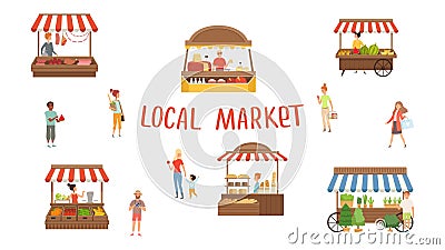 Local market. Food festival, sellers and customers. Summer street stalls vector illustration Vector Illustration