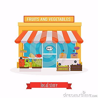 Local market Fruit and vegetables. Farmers market. Flat design m Vector Illustration