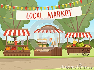 Local market. People shopping healthy fresh food vegetables fruit meat grocery stores organic products vector background Vector Illustration