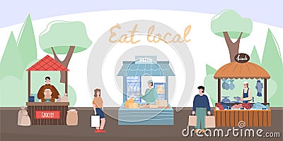 Local market stalls on city street with fresh farmers food Vector Illustration