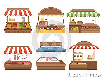 Local market. Street food places stands outdoor farm vegetables fruits meat and milk vector pictures Vector Illustration