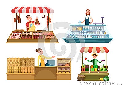 Local markets. Fresh farm foods, meat, bakery and milk. Shopping places isolated on white background Vector Illustration