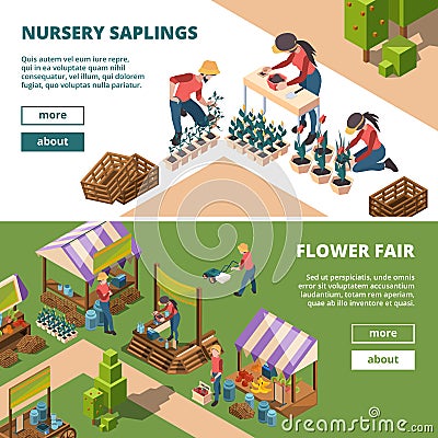 Local markets isometric. Farmers and gardeners outdoor selling agricultural products milk meal and fruits vegetables Vector Illustration
