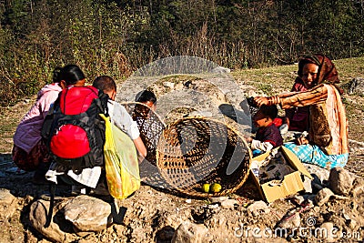 Local means of Trade: Selling local orange on the trekking route. Editorial Stock Photo