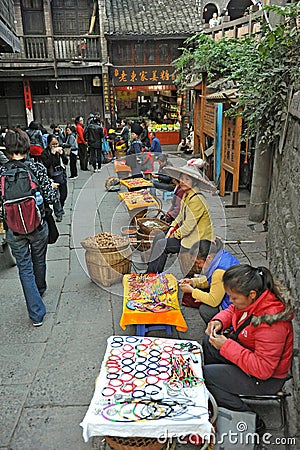 Local morning market at Pheonix Ancient City Fenghuang. Editorial Stock Photo