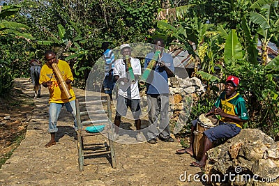 Local musicians along the road leading to and from the Citadel in northern Haiti. Editorial Stock Photo