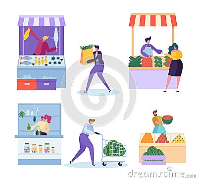 Local Organic Food Market Character Set. Vegetable Farm Store. Man Customer Buy Grocery and Seafood in Small Eco Mart Vector Illustration