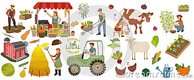 Local organic production icons set. Farmers do agricultural work, planting, gathering crops and sell food. Woman milks a cow and p Vector Illustration