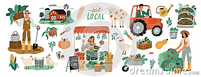 Local organic production set. Agricultural workers planting and gathering crops, working on tractor, farmer selling Vector Illustration