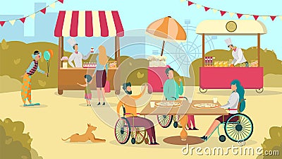 Friend in Wheelchair Having Pizza Together in Open Vector Illustration