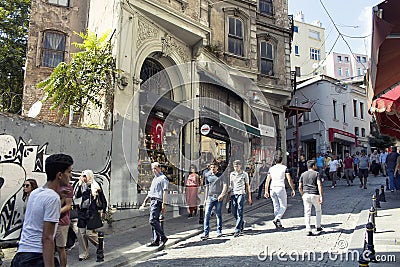 Local people and tourists walk down on Galip Dede street Editorial Stock Photo