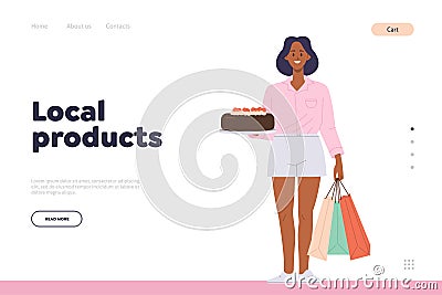 Local products landing page design template with happy woman buyer with shopping bags and cake Vector Illustration