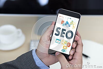 Local SEO Concept Business team hands at work with financial rep Stock Photo