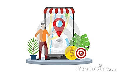 Local seo market strategy business search engine optimization with business man stand in front of mobile smartphone with maps Cartoon Illustration