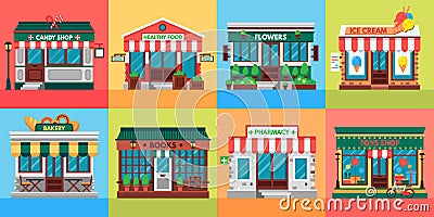 Local shops facades. Grocery shop doors, old boutique store building front and retail stores facade flat vector set Vector Illustration