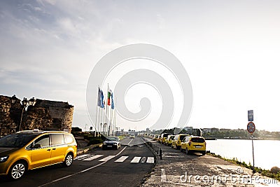 Local taxi traffic on the road of Nessebar, Bulgaria Stock Photo