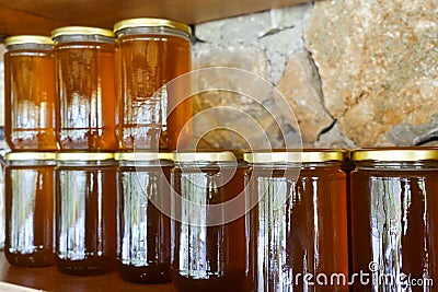 Local Turkish honey and honey jars Stock Photo